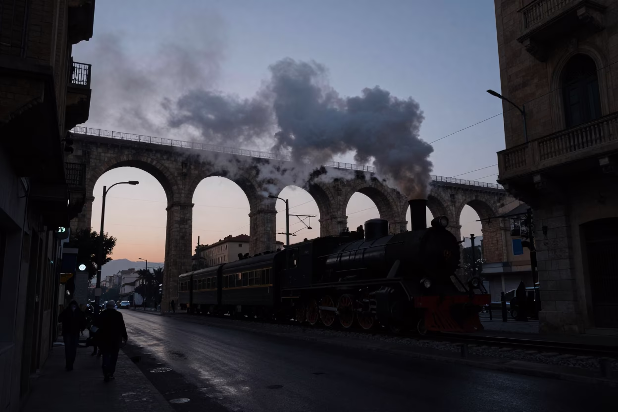 Predawn Beirut Street Scene with Railway Viaduct and Steam Train in 1980s Lebanon in in Beirut, Lebanon