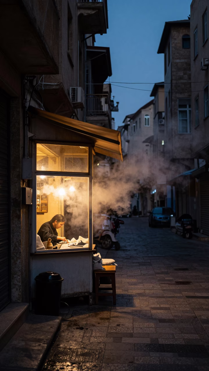 Predawn Beirut Street Scene with Steam and Vintage Details in in Beirut, Lebanon