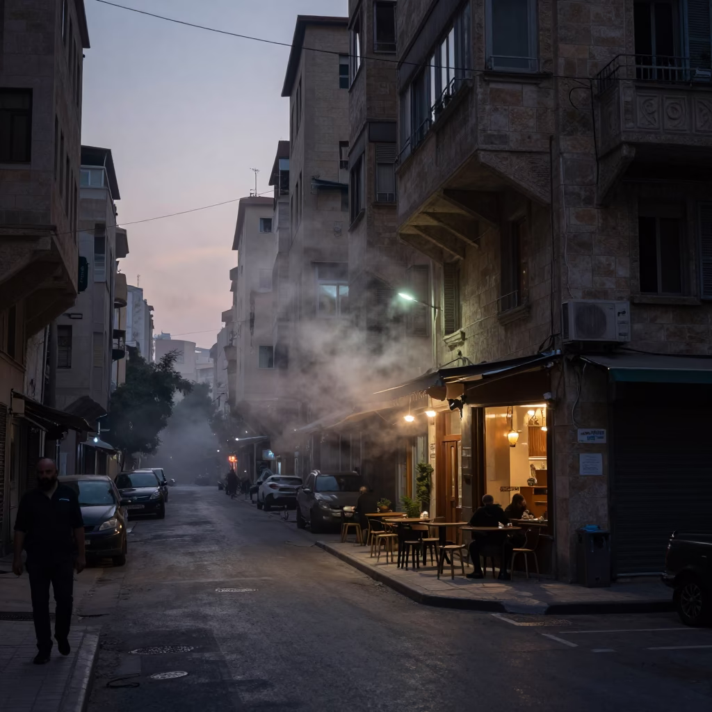 Predawn Beirut Street Scene with Steam Haze and Ceramic Tile Cafe Facade in in Beirut, Lebanon