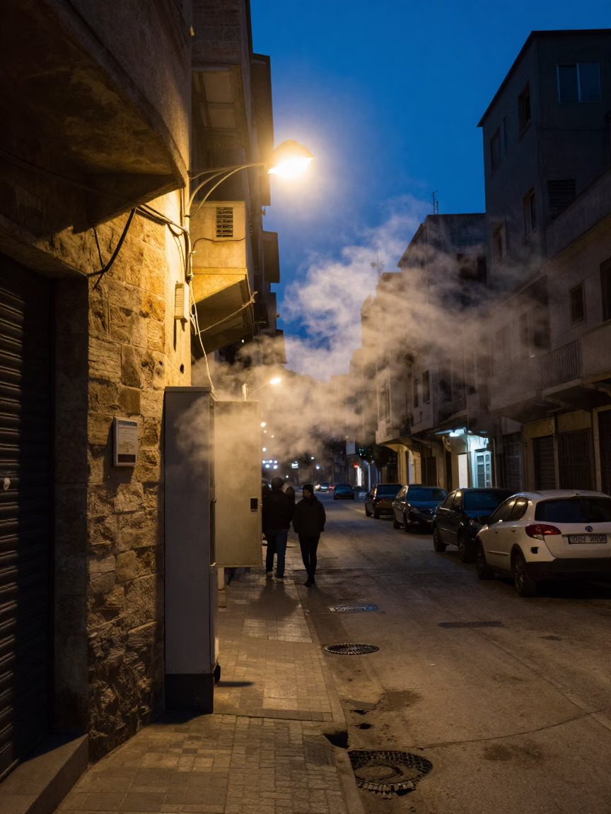 Predawn Beirut Street Scene with Steam Haze and Local Market Activity in in Beirut, Lebanon