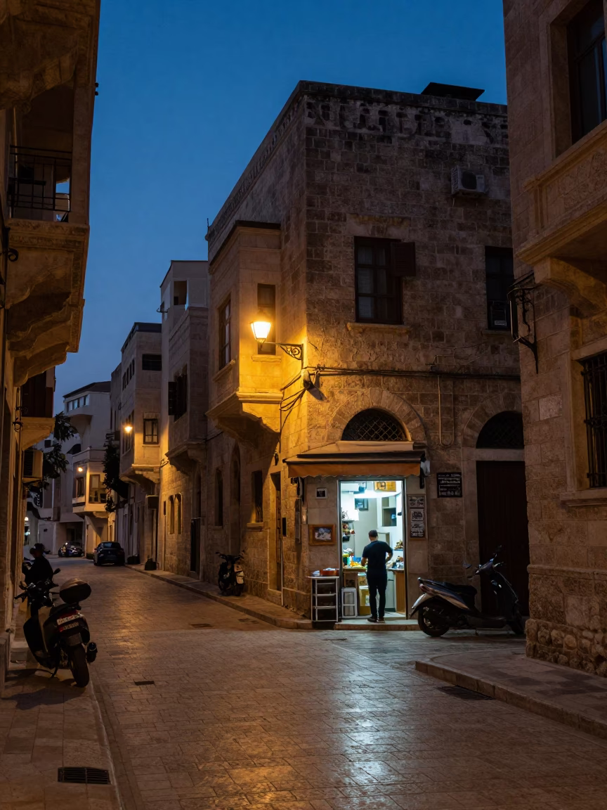 Predawn Beirut Street Scene with Stone Architecture and Early Morning Activity in in Beirut, Lebanon