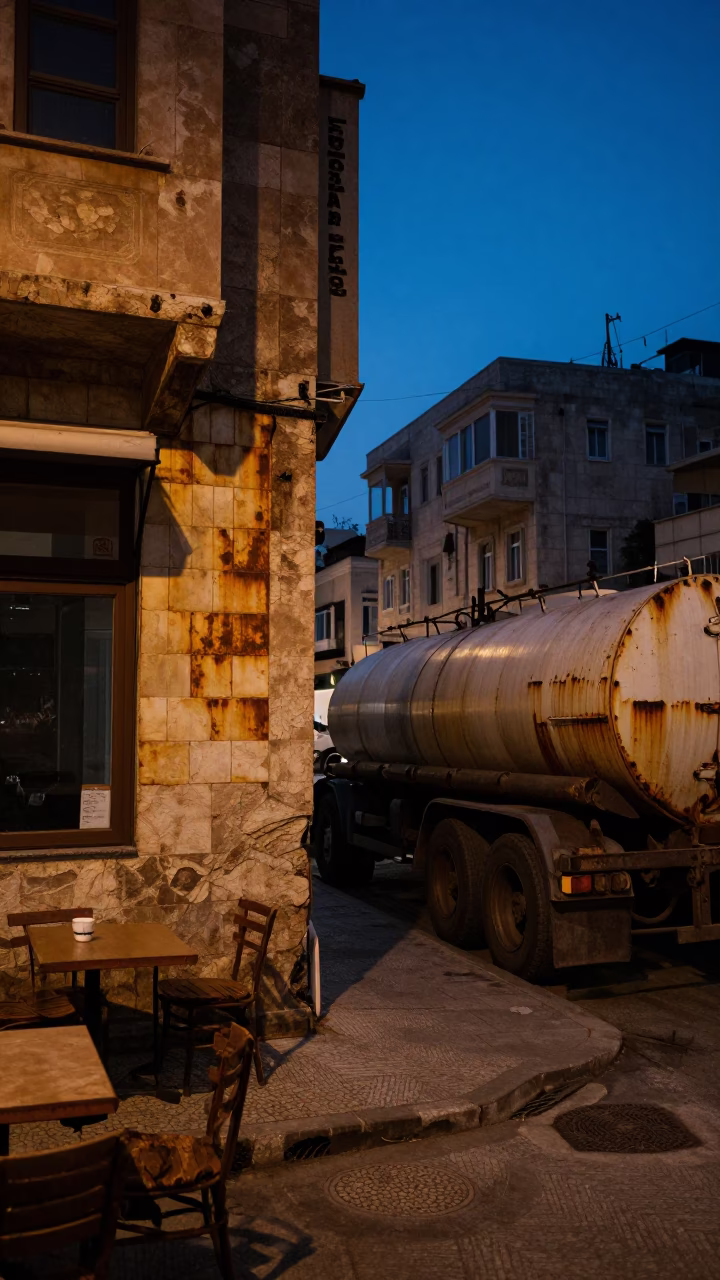 Predawn Beirut Street Scene with Tanker Ship and Rusty Tile Grout Details in in Beirut, Lebanon