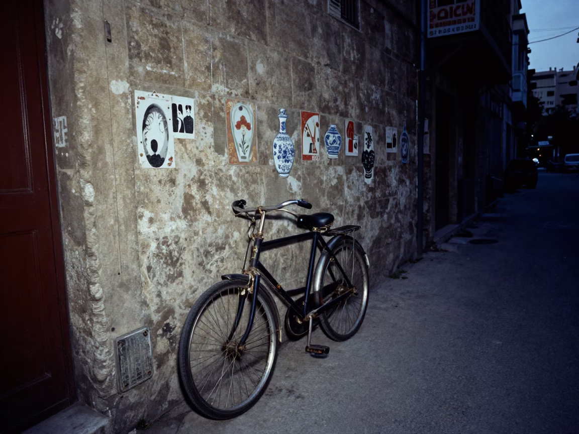 Predawn Beirut Street Scene with Vintage Bicycle and Porcelain Jars in in Beirut, Lebanon