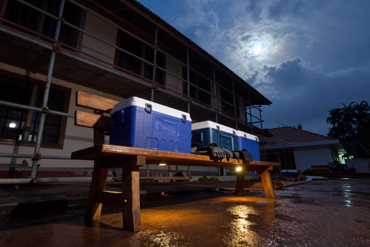 Predawn Bench Under Kerala Scaffold in Moonlight in along a scaffolded facade in Kerala