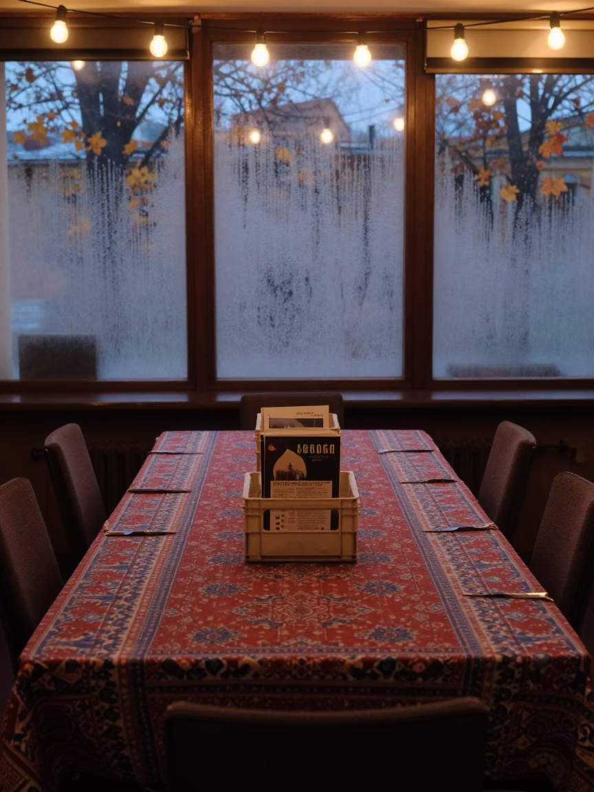 Predawn benefits fair table with autumn condensation in at a boardroom table before a meeting near St Petersburg