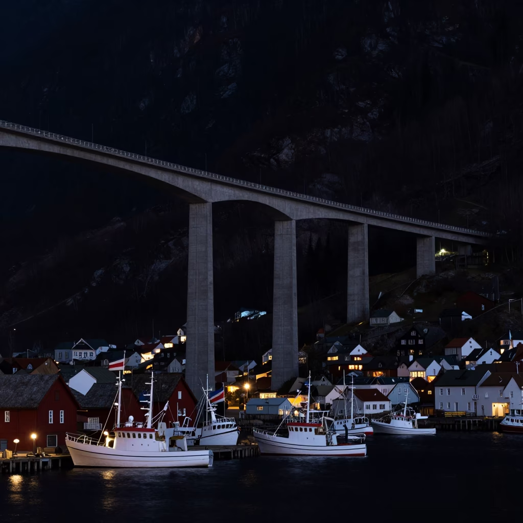 Predawn Bergen Norway Concrete Viaduct and Fishing Boats in Dark Harbor in in Bergen, Norway