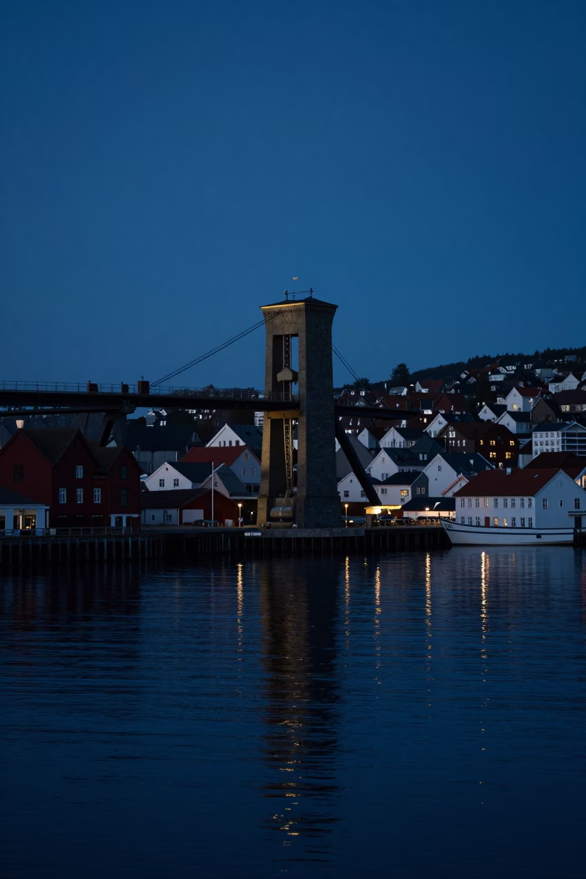 Predawn Bergen Norway Harbor Scene with Drawbridge Counterweight Tower Reflected in Oil Slick Water in in Bergen, Norway