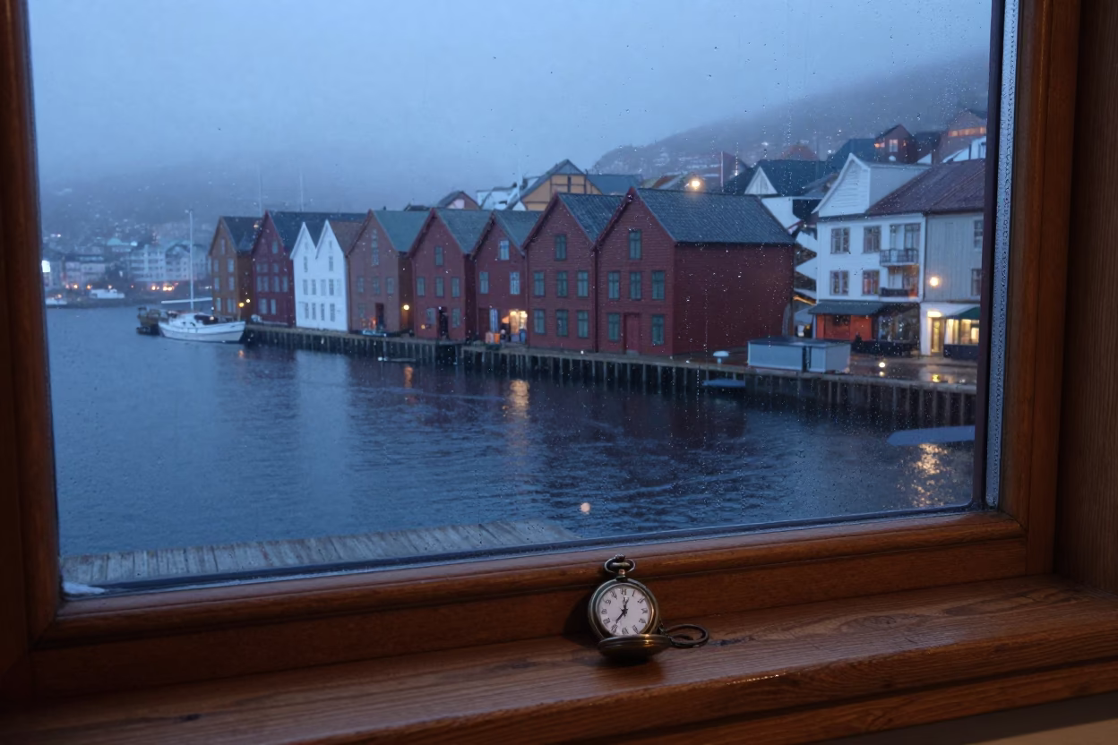 Predawn Bergen Norway harbor scene with fogged window and vintage pocket watch in in Bergen, Norway
