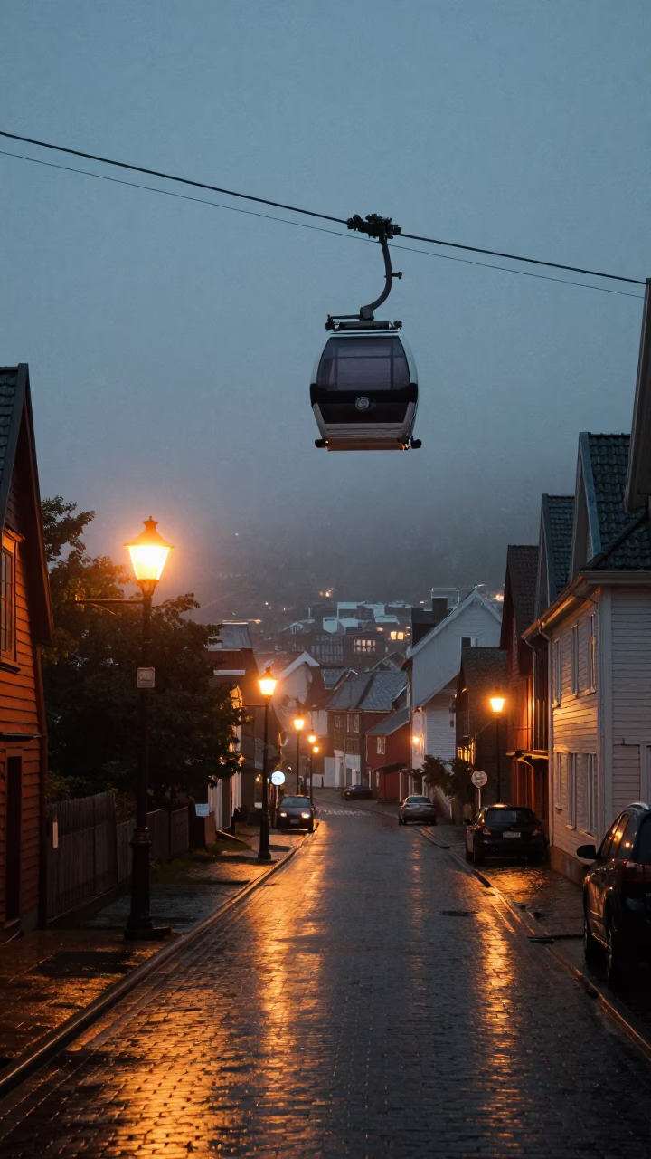 Predawn Bergen Norway Street Scene with Aerial Tramway Gondola and Urban Fog in in Bergen, Norway