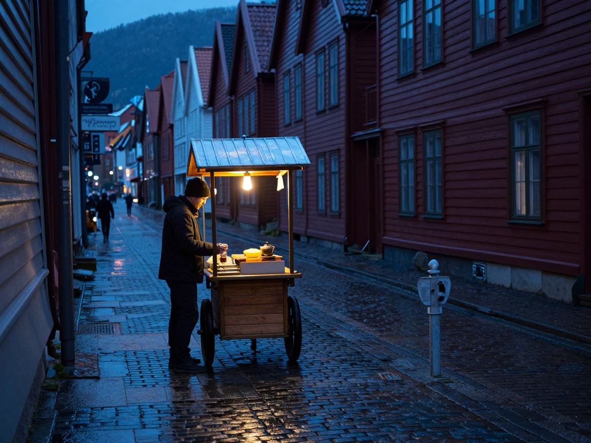 Predawn Bergen Norway Street Scene with Brushed Steel and Tea Infuser in in Bergen, Norway