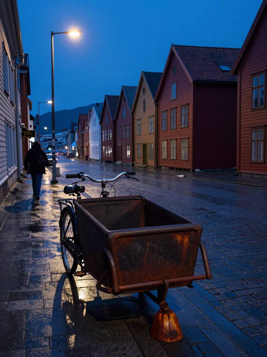 Predawn Bergen Norway Street Scene with Cargo Bicycle and Rusty Lamp in in Bergen, Norway