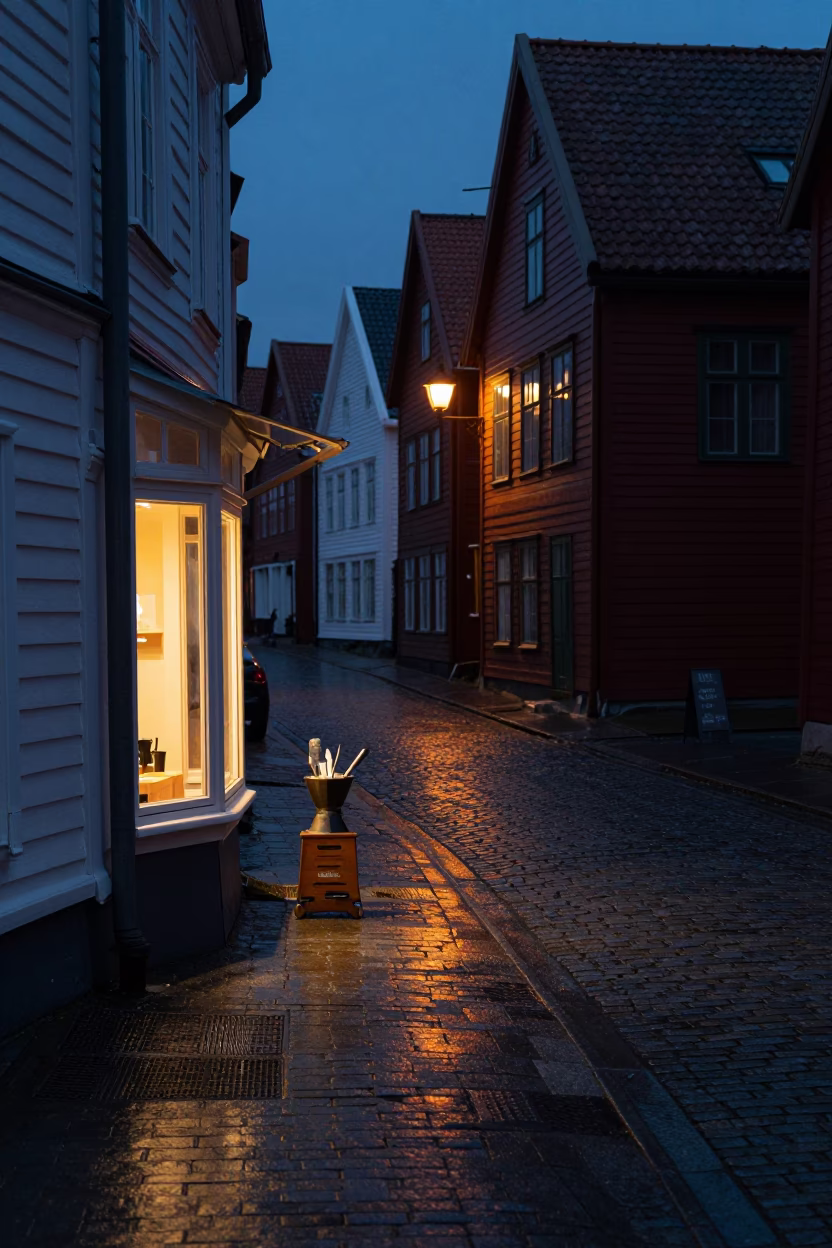 Predawn Bergen Norway Street Scene with Coffee Grinder and Cutlery in in Bergen, Norway
