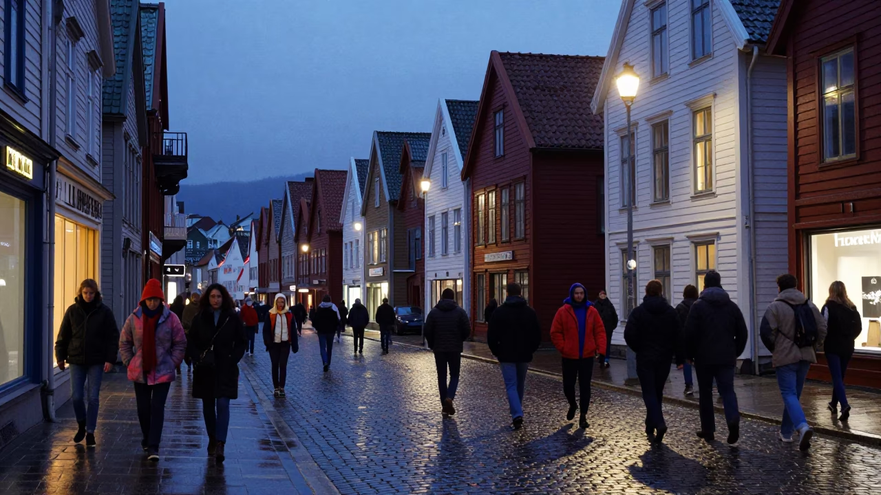 Predawn Bergen Norway Street Scene with Colorful 1980s Clothing and Wet Cobblestones in in Bergen, Norway