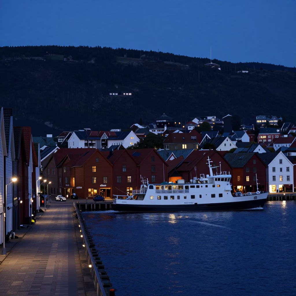 Predawn Bergen Norway Street Scene with Ferry and Moonlit Cove Sailboat in in Bergen, Norway