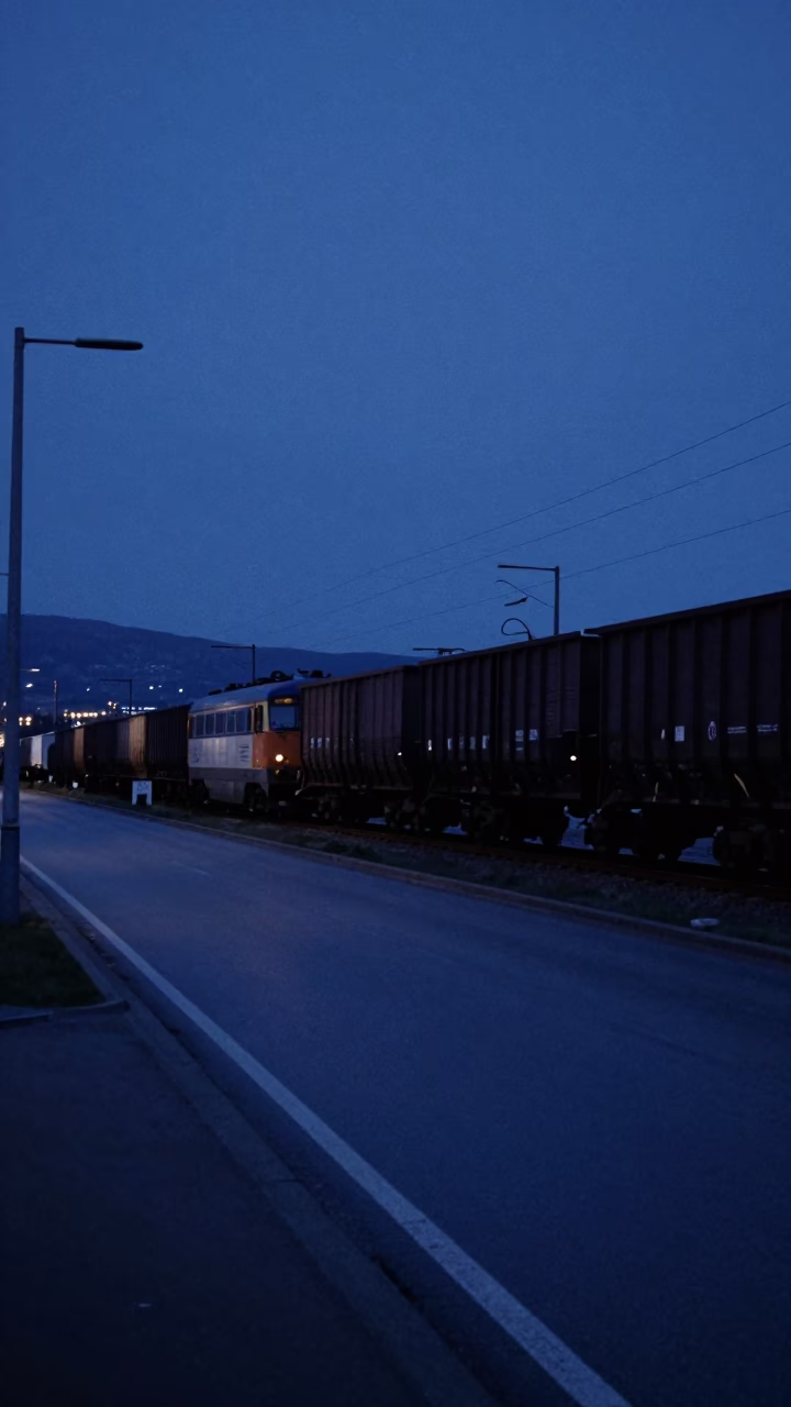 Predawn Bergen Norway Street Scene with Freight Train and Wool Scarves in in Bergen, Norway