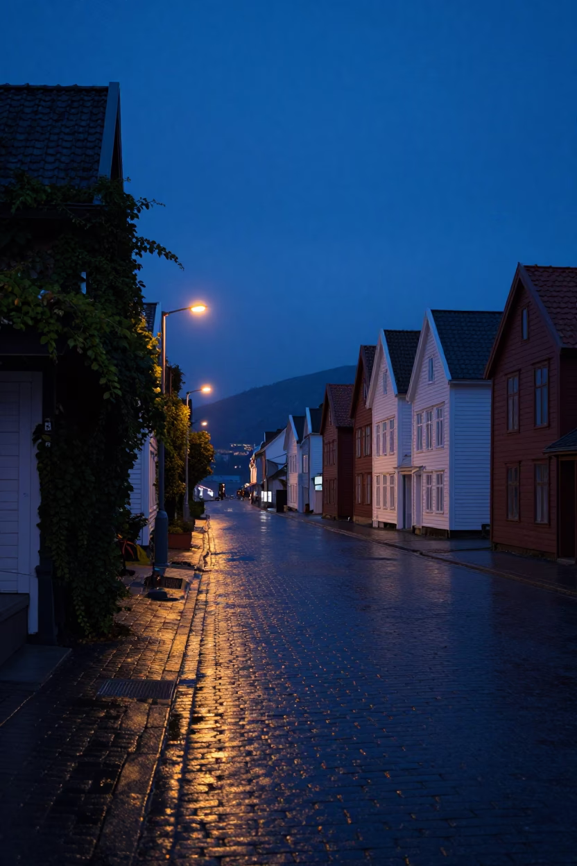 Predawn Bergen Norway Street Scene with Ivy Vines and Local Life in in Bergen, Norway