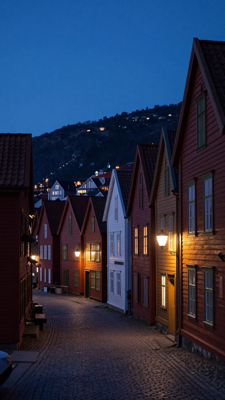 Predawn Bergen Norway Street Scene with Lit Windows and Dark Bridge in in Bergen, Norway