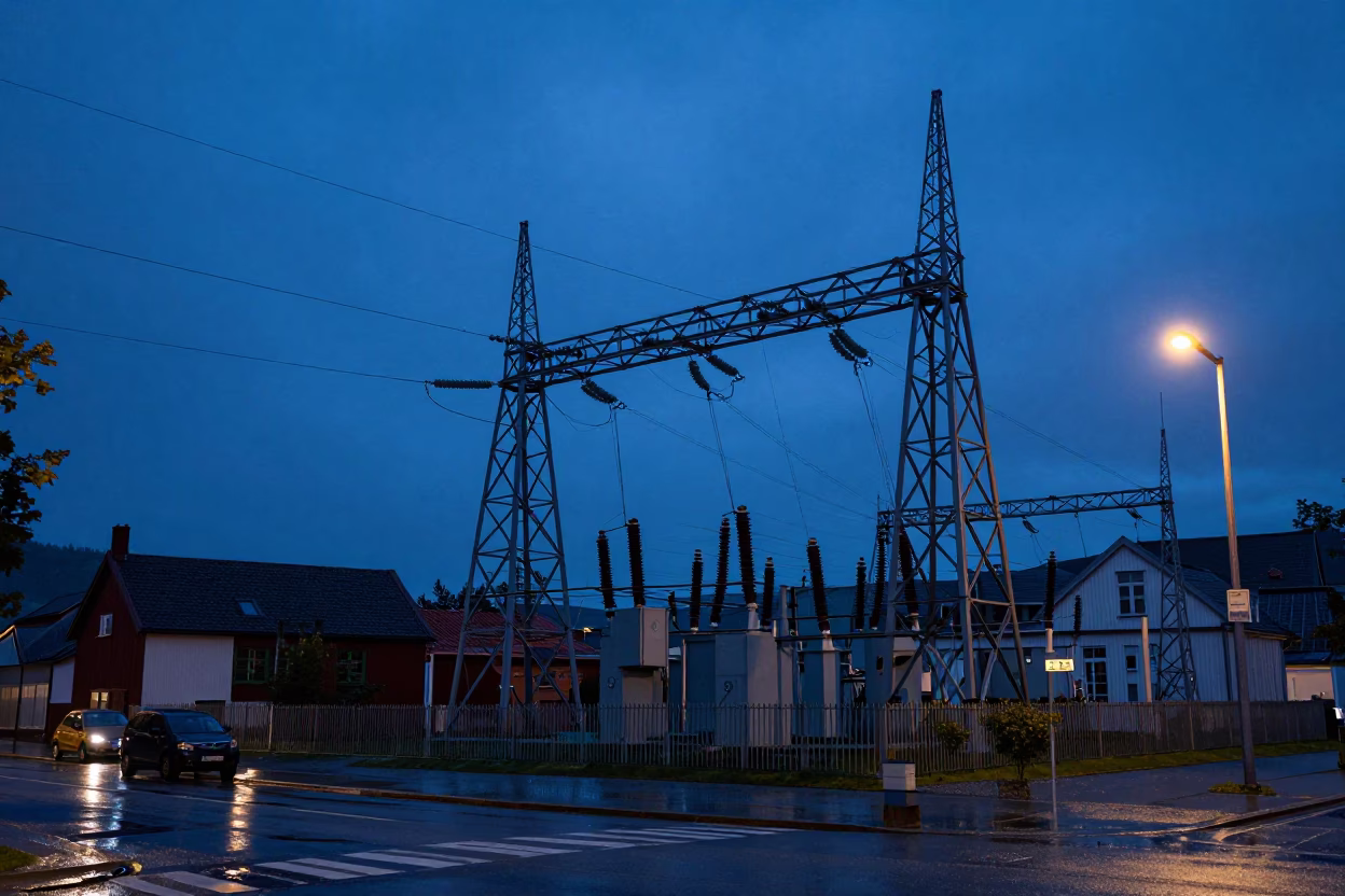 Predawn Bergen Norway Street Scene with Power Substation and Wet Cobblestones in in Bergen, Norway