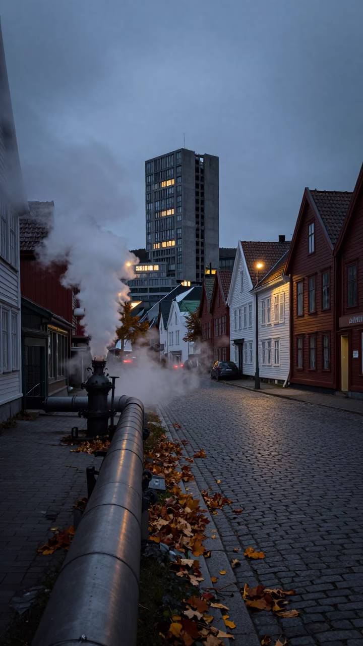 Predawn Bergen Norway Street Scene with Steam Pipes and Local Life in in Bergen, Norway