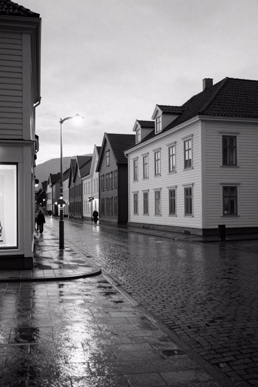 Predawn Bergen Norway Street Scene with Vintage 1960s Atmosphere and Local Life in in Bergen, Norway