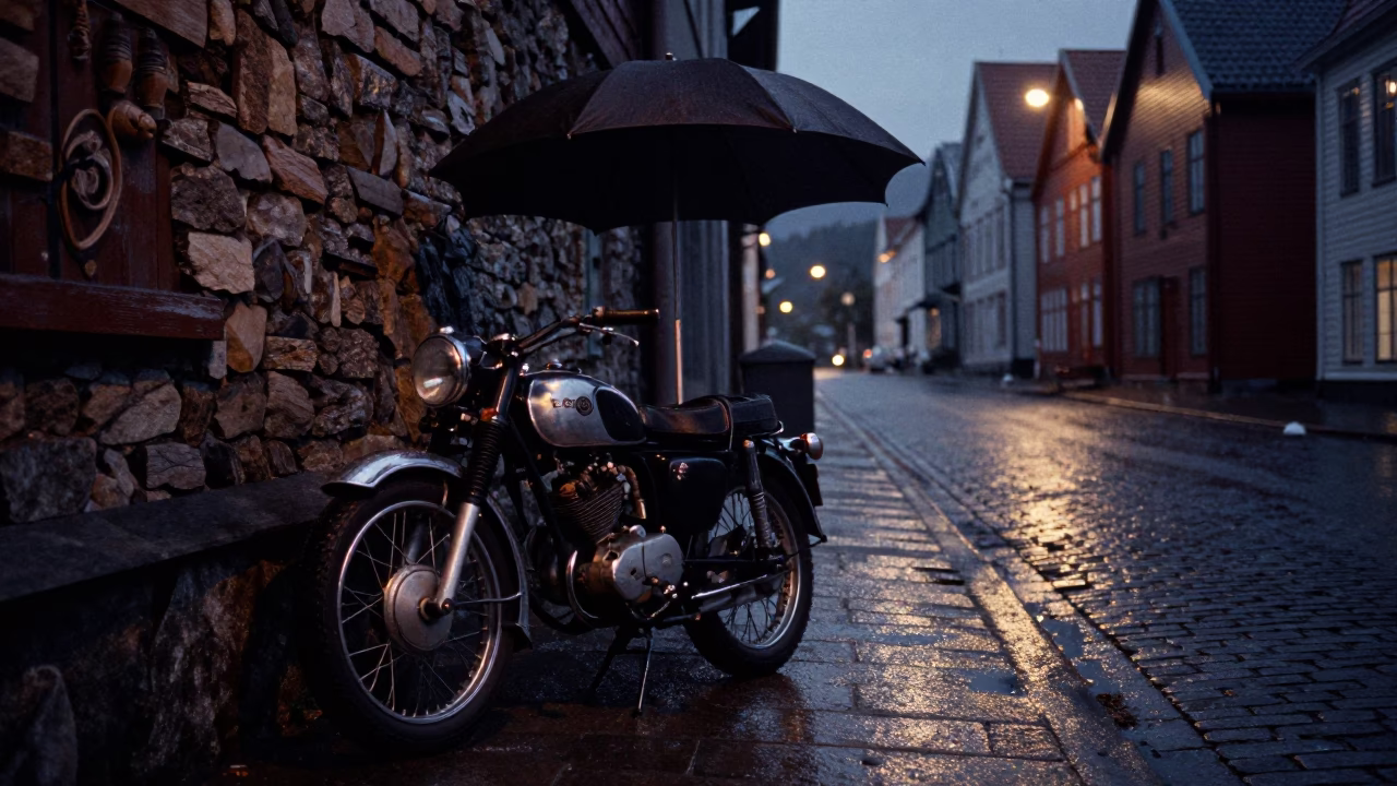 Predawn Bergen Norway Street Scene with Vintage Motorcycle and Umbrella in in Bergen, Norway