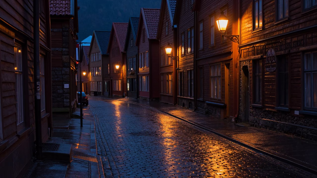 Predawn Bergen Norway Street Scene with Wet Cobblestones and Dim Streetlights in in Bergen, Norway
