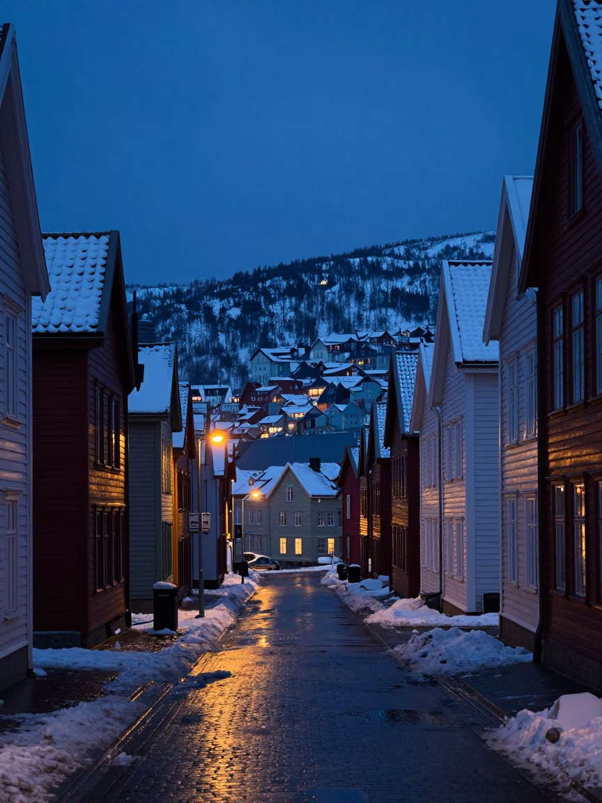 Predawn Bergen Norway Street Scene with Wet Snow Slush and Urban Details in in Bergen, Norway