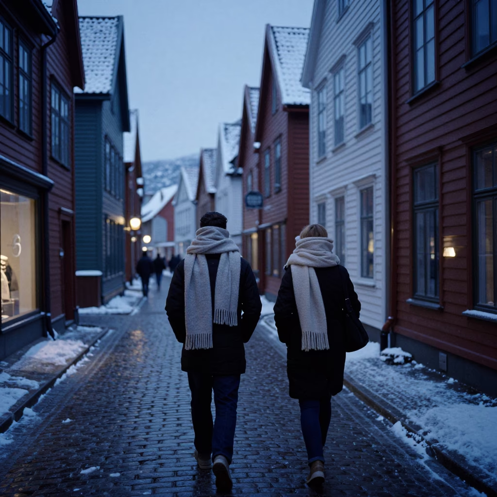 Predawn Bergen Norway Street Scene with Wool Scarves and Snow Slush in in Bergen, Norway