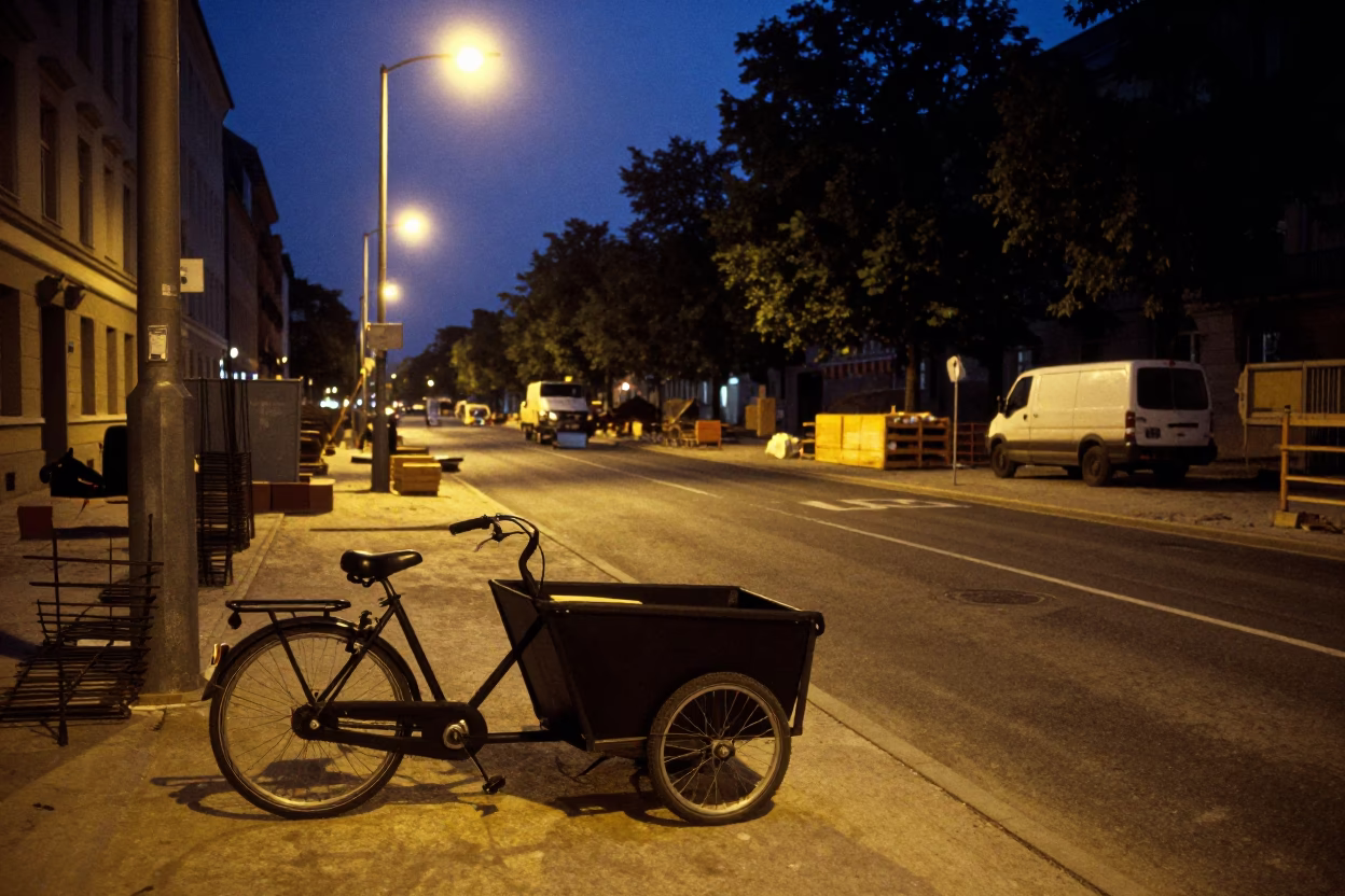 Predawn Berlin Construction Site with Cargo Bicycle and Rebar Bundles in in Berlin, Germany