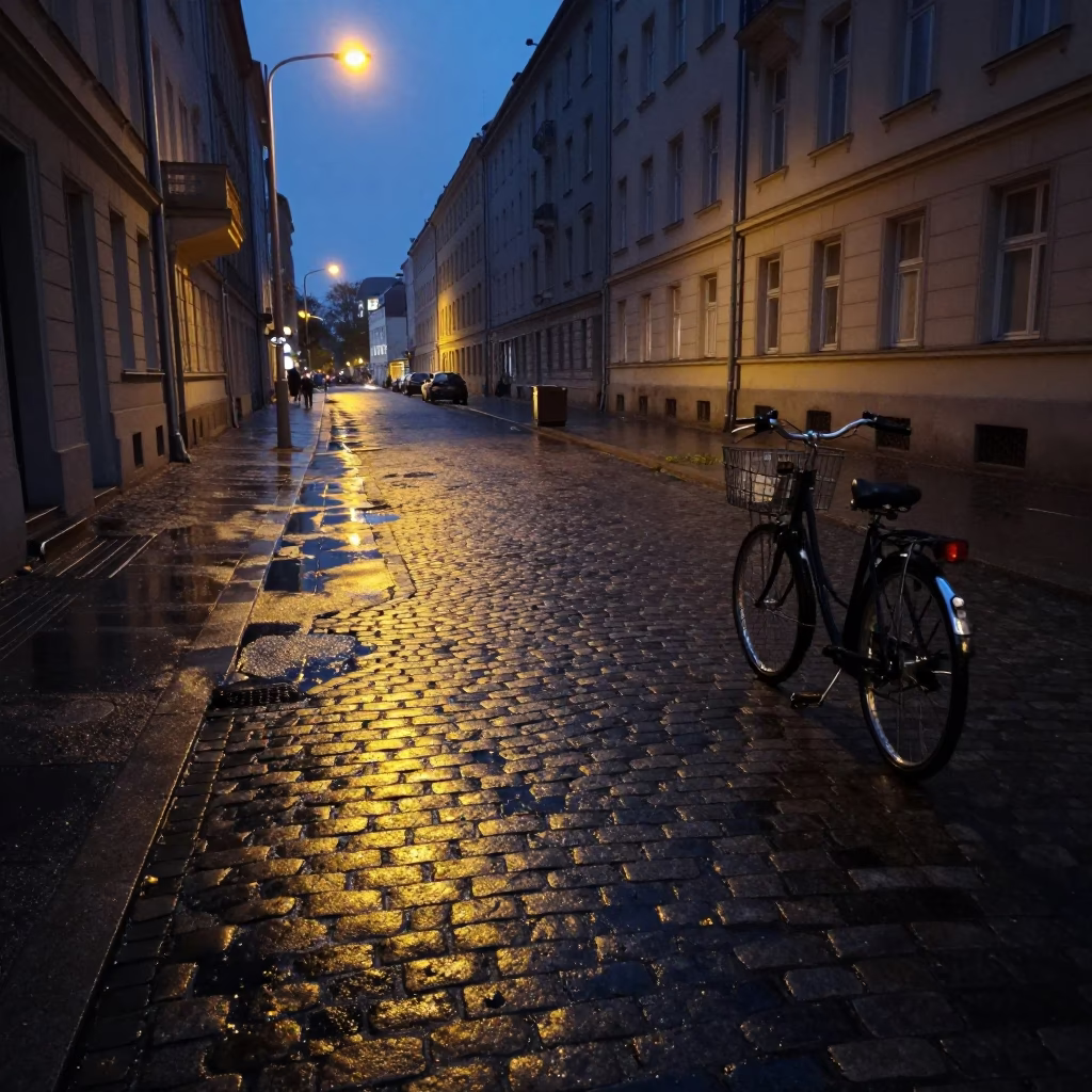 Predawn Berlin Street Scene with Bicycle Basket and Cobblestone Urban Architecture in in Berlin, Germany