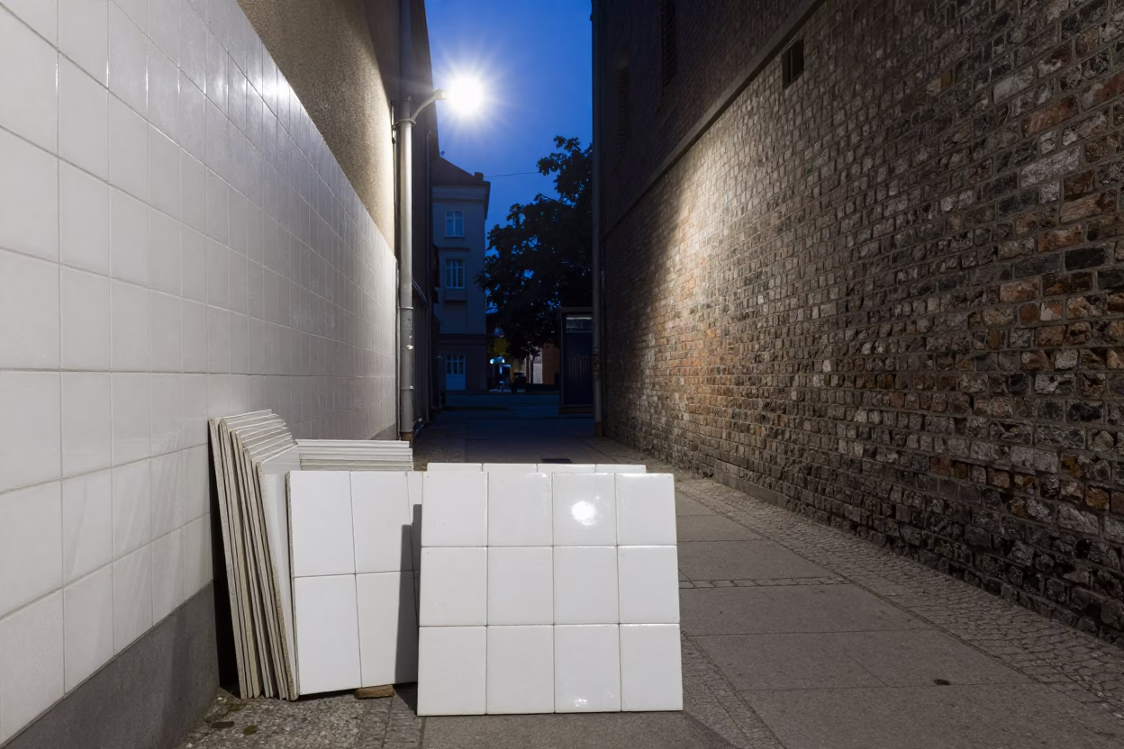 Predawn Berlin Street Scene with Ceramic Tiles and Metal Bucket in in Berlin, Germany