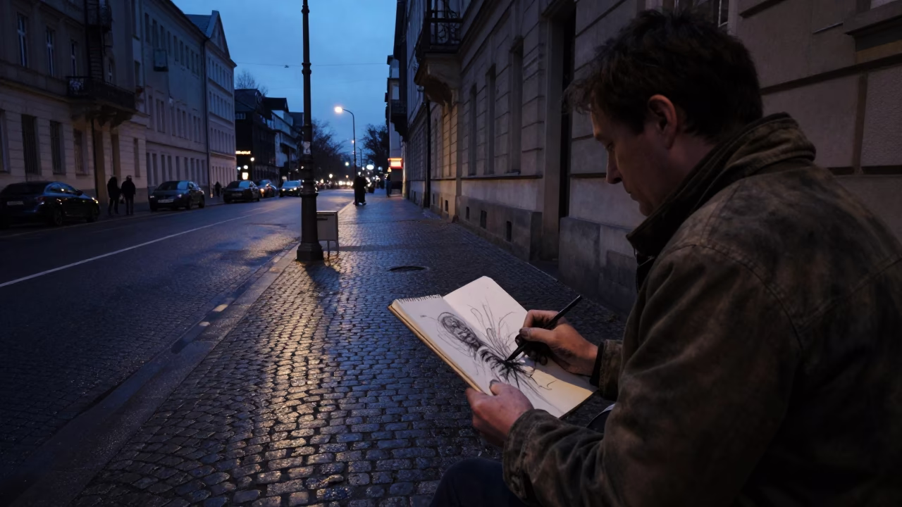 Predawn Berlin Street Scene with Charcoal Artist Sketching Under Streetlamp in in Berlin, Germany
