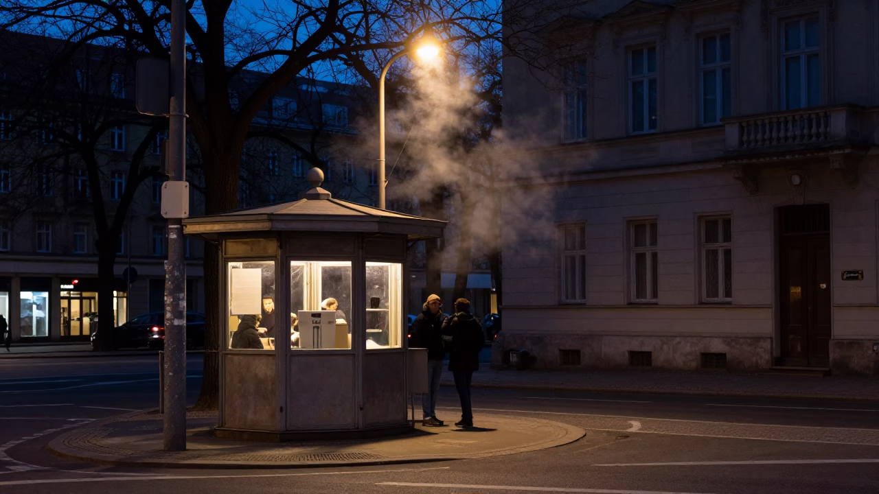 Predawn Berlin Street Scene with Coffee Steam and Urban Details in in Berlin, Germany