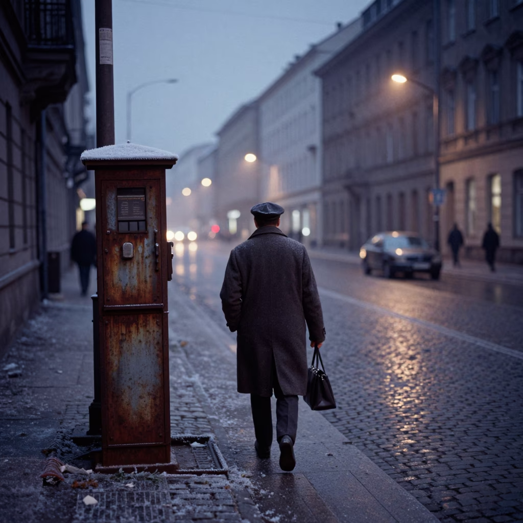 Predawn Berlin Street Scene with Frost and Morning Commuter in in Berlin, Germany