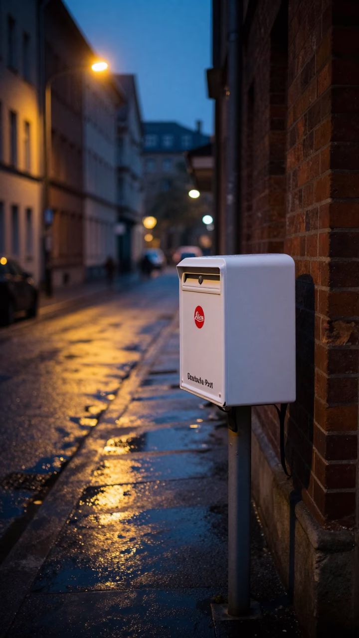 Predawn Berlin Street Scene with Mailbox and Wet Pavement Reflections in in Berlin, Germany