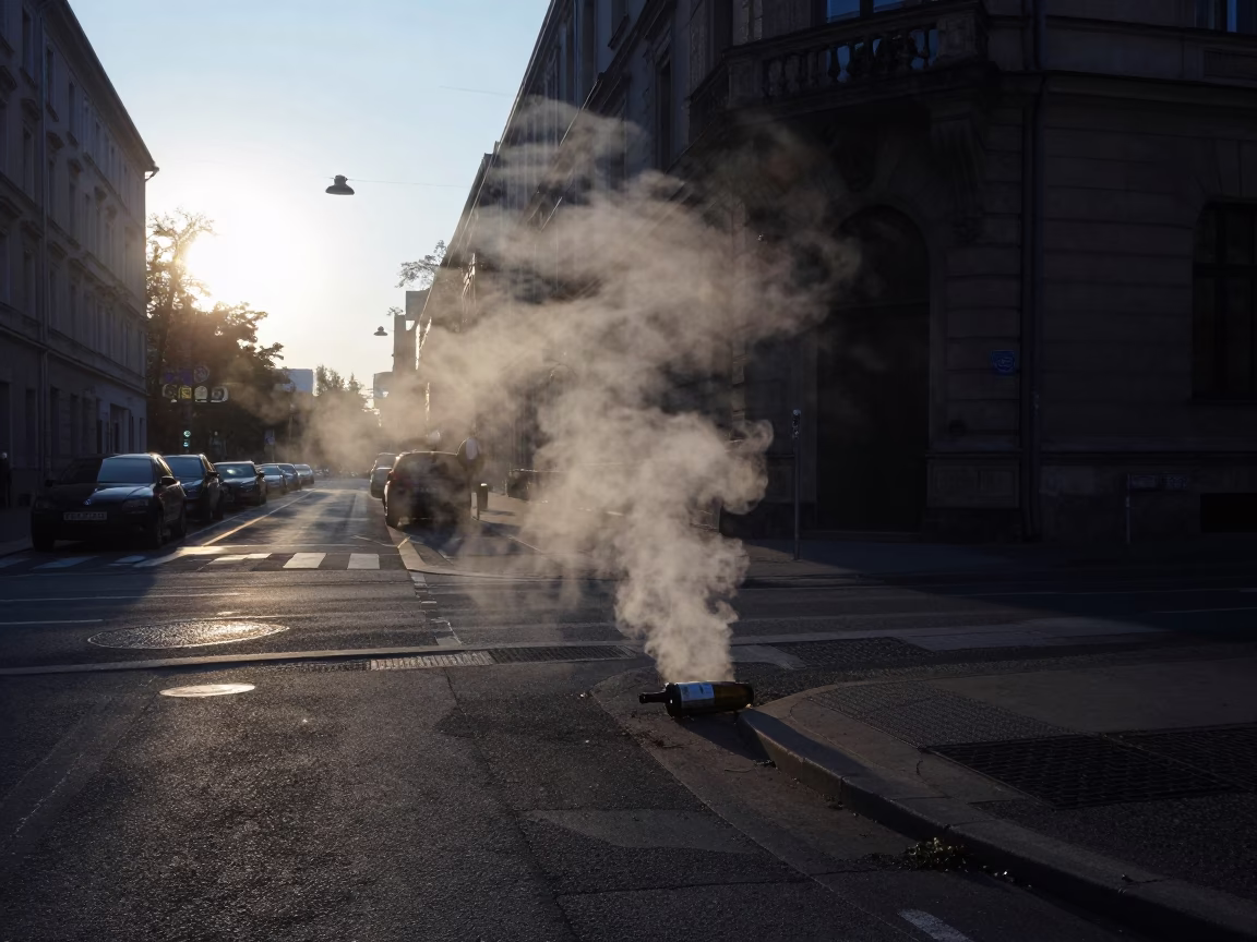 Predawn Berlin Street Scene with Steam Haze and Vintage 1970s Architecture in in Berlin, Germany