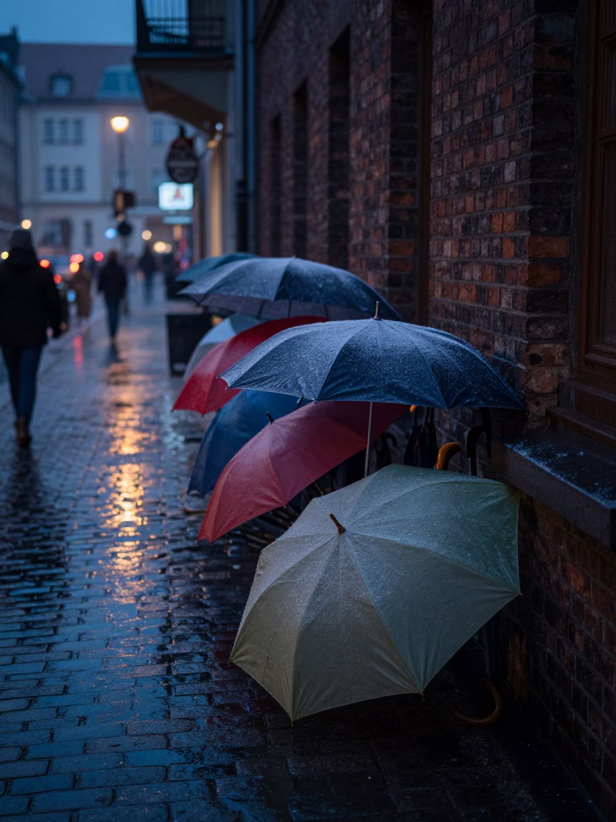 Predawn Berlin Street Scene with Umbrellas and Frosty Water Tower in Early Morning Darkness in in Berlin, Germany