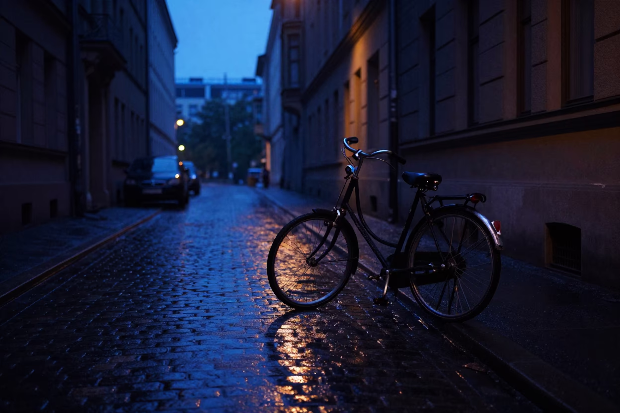 Predawn Berlin Street Scene with Vintage Bicycle and Wet Cobblestone Reflections in in Berlin, Germany