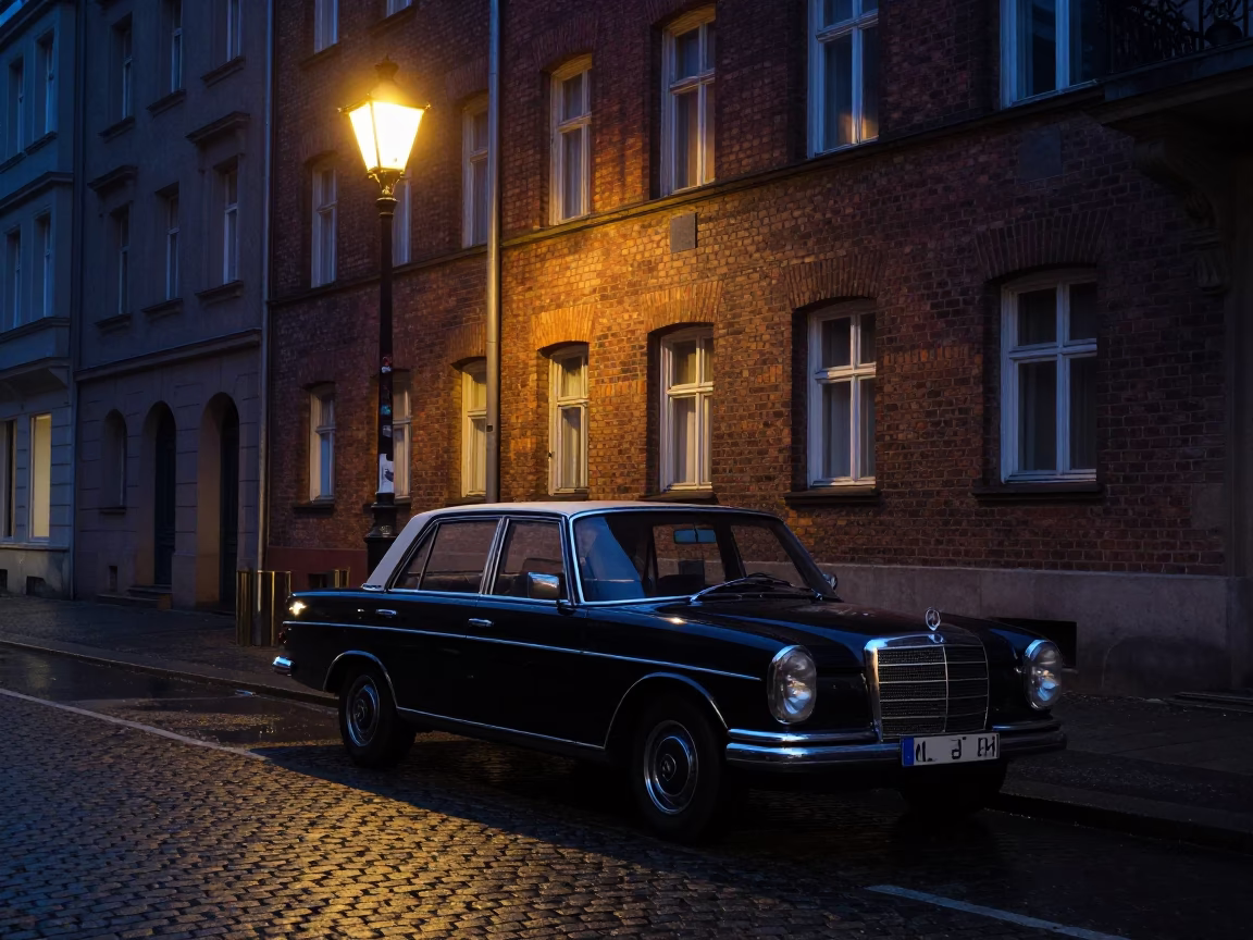 Predawn Berlin Street Scene with Vintage Sedan and Streetlamp Glow in Germany in in Berlin, Germany