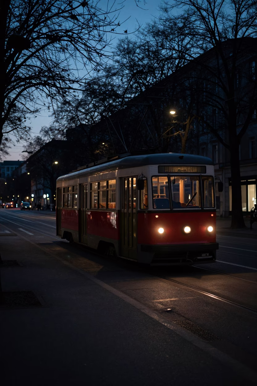 Predawn Berlin Street Scene with Vintage Trolley and Urban Details in in Berlin, Germany