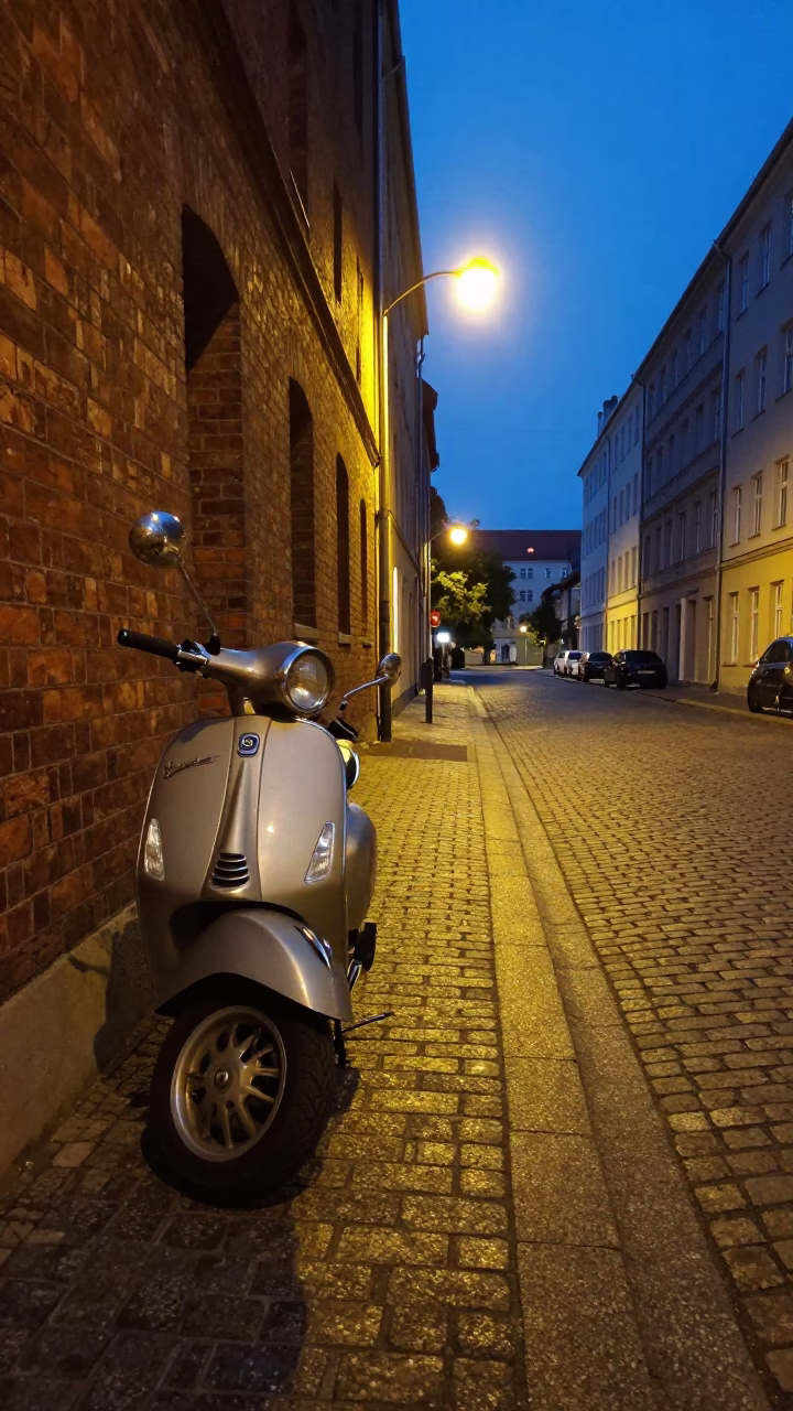 Predawn Berlin Street Scene with Vintage Vespa on Cobblestone Lane in in Berlin, Germany
