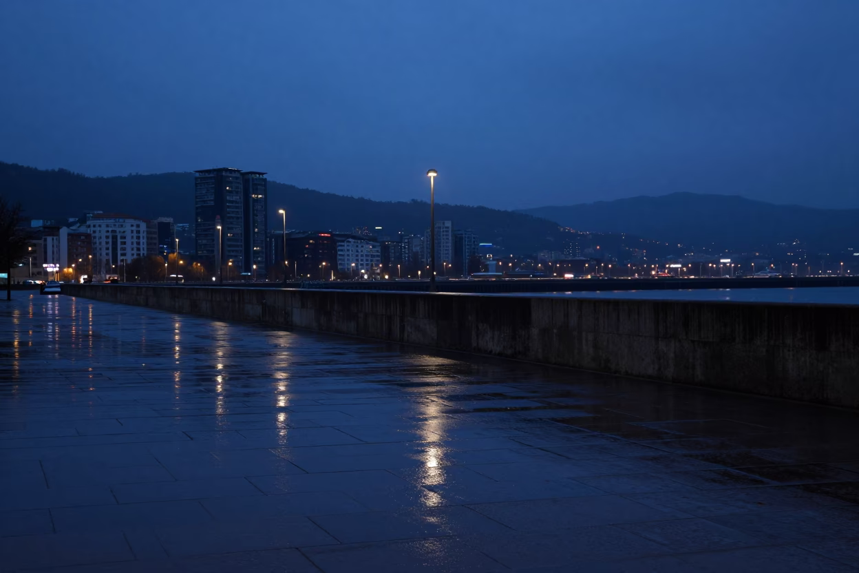Predawn Bilbao Harbor Breakwater Under Blue Hour Sky in in Bilbao, Spain