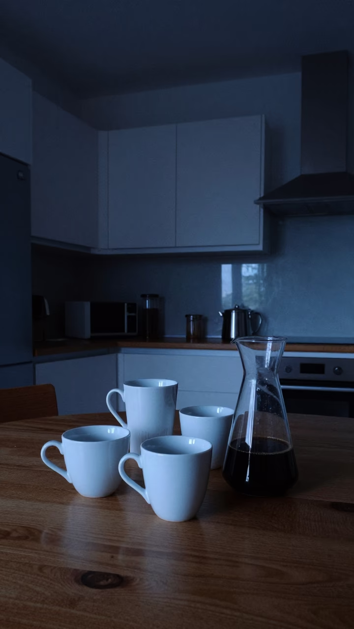 Predawn Bilbao Kitchen Interior with Ceramic Ware and Coffee Mugs in in Bilbao, Spain