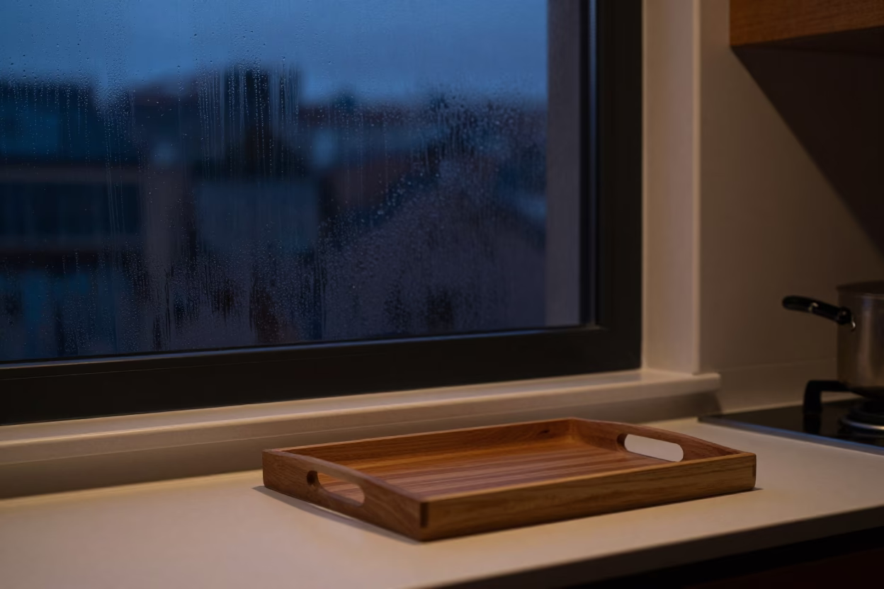 Predawn Bilbao Kitchen with Condensation and Wooden Tray in in Bilbao, Spain