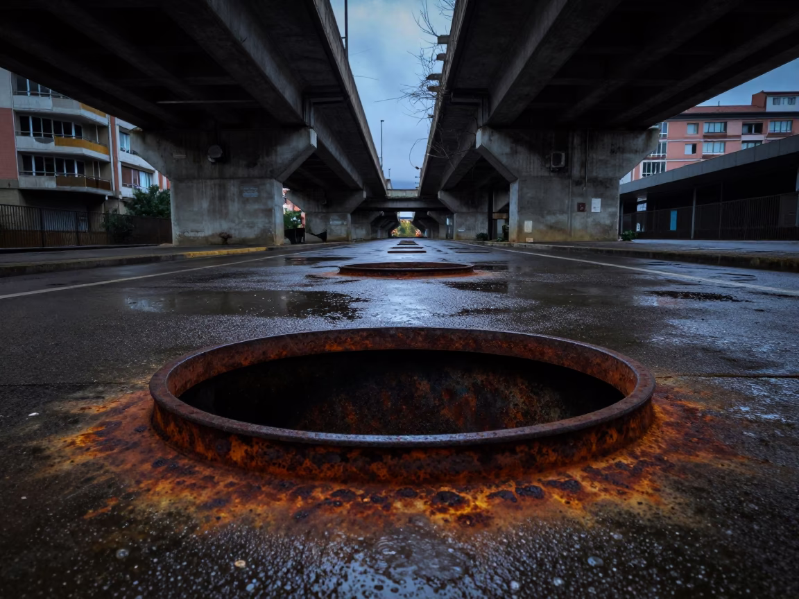 Predawn Bilbao Rusty Basin and Wet Concrete Under Overpass Taillights in in Bilbao, Spain