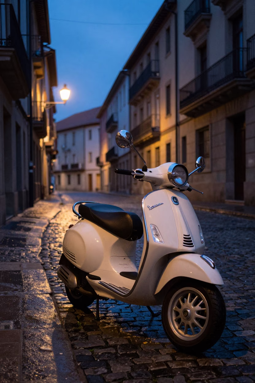 Predawn Bilbao Spain Cobblestone Street Vintage Vespa and Local Morning Routine in in Bilbao, Spain