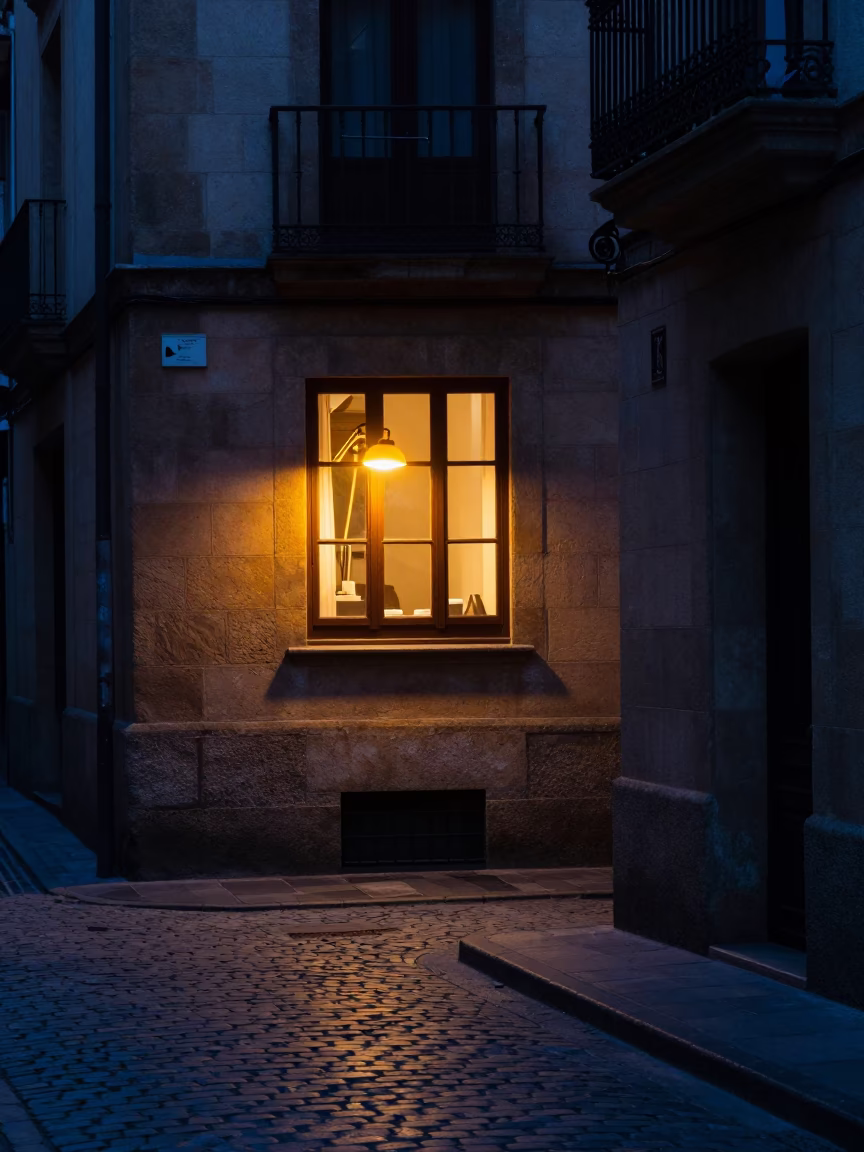 Predawn Bilbao Street Scene with Amber Desk Lamp and Portuguese Podengo Pequeno in in Bilbao, Spain