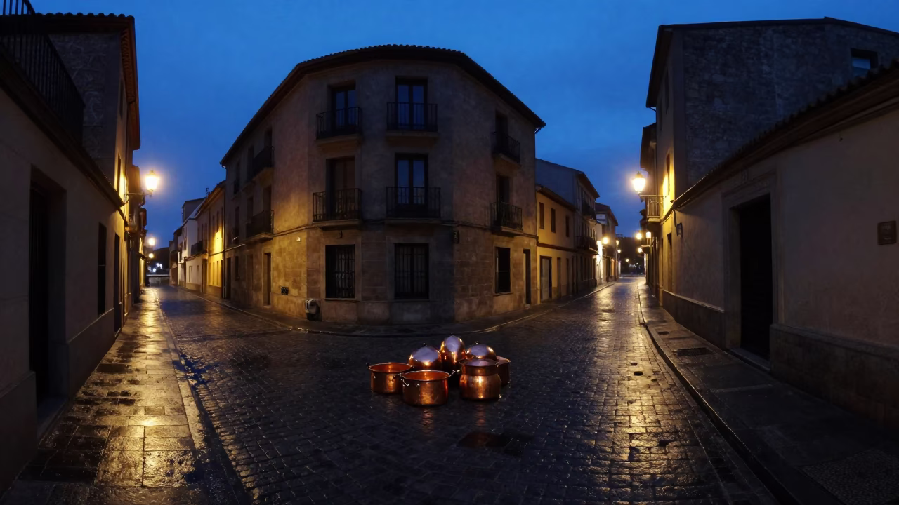 Predawn Bilbao Street Scene with Copper Pots and Urban Details in in Bilbao, Spain