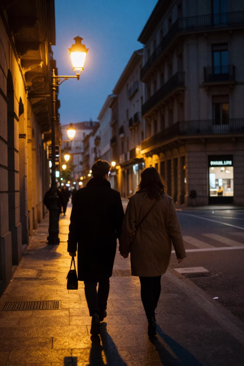 Predawn Bilbao street scene with couple walking hand in hand under streetlights in in Bilbao, Spain