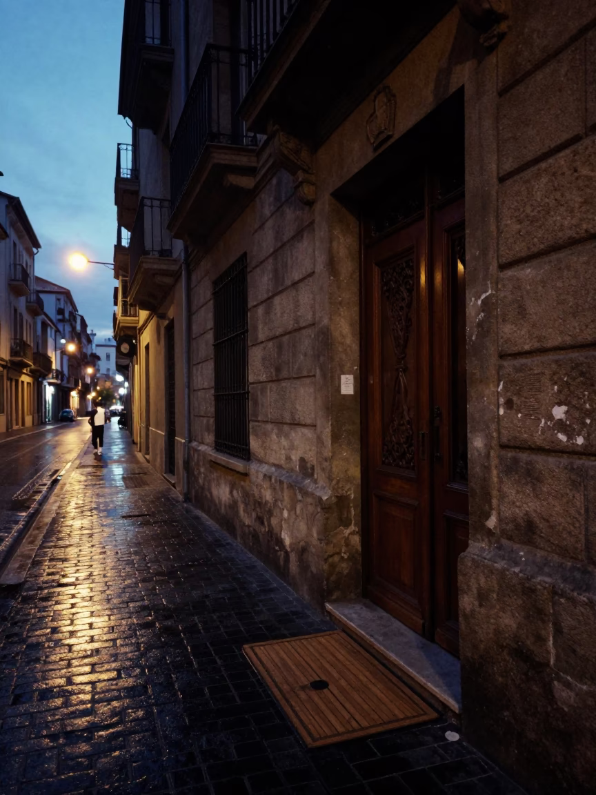 Predawn Bilbao Street Scene with Door Mats and Urban Shadows in Spain in in Bilbao, Spain